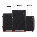 Hard body 3-piece luggage set, black with four red wheels and telescopic handles