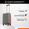 Small cabin suitcase, grey ribbed PP shell with orange trim, 8 wheels, 56 cm