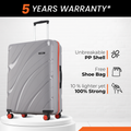 Large check-in suitcase, hard shell, grey color, telescopic handle, red trim, 8 wheels