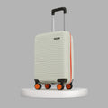 Cream small cabin suitcase with telescopic handle and four orange wheels