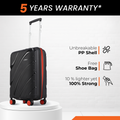 Small cabin suitcase in black with PP shell, telescopic handle, and 8 wheels