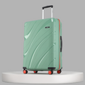 Green hard-shell suitcase with 8 wheels, red trim, and upright telescopic handle.