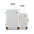 White hard-shell 2-piece suitcase set with 8 wheels and telescopic handle.