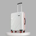 White medium check-in suitcase with 8 wheels and upright handle, hard-shell design