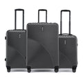 Hard body luggage set of 3 charcoal grey suitcases, ribbed shell, 8 wheels each, handles