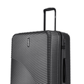 Charcoal hard-shell suitcase corner with ridged texture and telescopic handle.