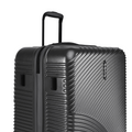 Dark grey hard-shell suitcase front with ridged texture and side carry handle