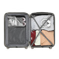 Silver metallic suitcase open view with two compartments and elastic garment straps