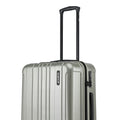 Hardside check-in suitcase side view with telescopic handle and wheel mounts, metallic