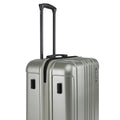 Hardside check-in suitcase top corner with telescopic handle and side vents, metallic