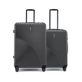 Two charcoal grey check-in suitcases with telescopic handles and four wheels