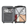 Open charcoal grey suitcase showing packing organizer panels and elastic compression straps