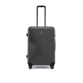 Dark charcoal grey rolling suitcase with upright handle, 8 wheels, ribbed texture