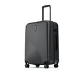 Charcoal gray hard-shell suitcase with ribbed finish, side view, 8 wheels and telescopic handle