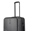 Charcoal grey suitcase close-up with side zipper, handle, and wheel edge details