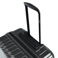 Suitcase side carry handle on charcoal ribbed shell with black zipper trim.