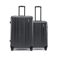 Two charcoal grey large check-in suitcases with ridged shells and telescopic handles