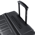 Charcoal grey telescopic suitcase handle above ridged case edge
