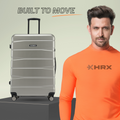 Large check-in suitcase, silver-toned hard shell with extendable handle and front wheels