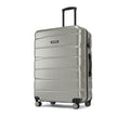Large check-in suitcase, silver-toned hard shell with side view of wheels and carry handle