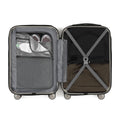 Small cabin suitcase open showing interior compartments, divider straps, and mesh pocket.