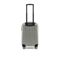 Small cabin suitcase with silver shell and extended trolley handle above corner wheels.