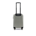 Small cabin suitcase in silver with telescopic handle and wheels, centered front view
