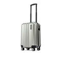 Small cabin suitcase with 8 wheels, silver-gray, front view with upright handle