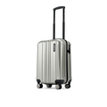 Small cabin suitcase with telescopic handle, silver shell, four corner wheels, 8-wheel design