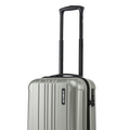 Small cabin suitcase with telescopic handle, silver shell and side latch, 8-wheel design
