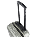Small cabin suitcase with top handle and black zipper trim on silver body