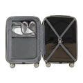 Small cabin suitcase opened, two-compartment interior with straps and zip pockets.