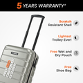 Silver suitcase corner close-up with textured shell and telescopic handle