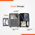 Large suitcase open with packing compartments, compression straps, and shoe bag