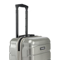 Small cabin suitcase top corner, silver hard shell with integrated handle grips.