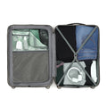 Open hard-shell suitcase interior with divider straps and packing compartments