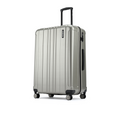 Large check-in suitcase, silver ridged shell with side handle and 8 wheels