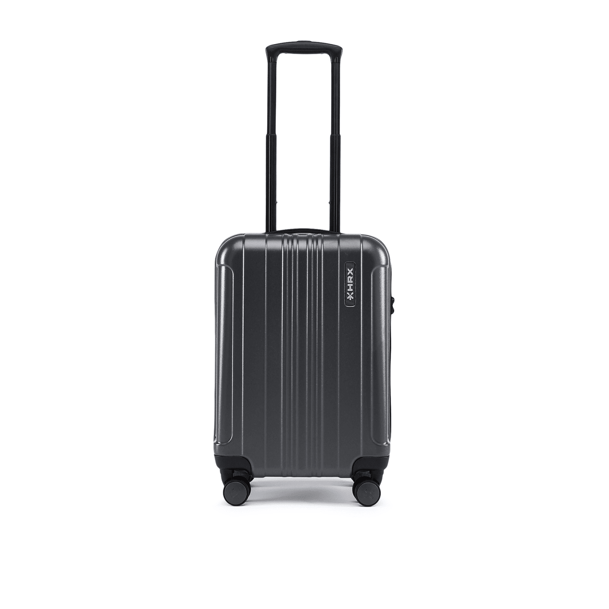 Dark grey small cabin suitcase standing upright with telescopic handle, side profile