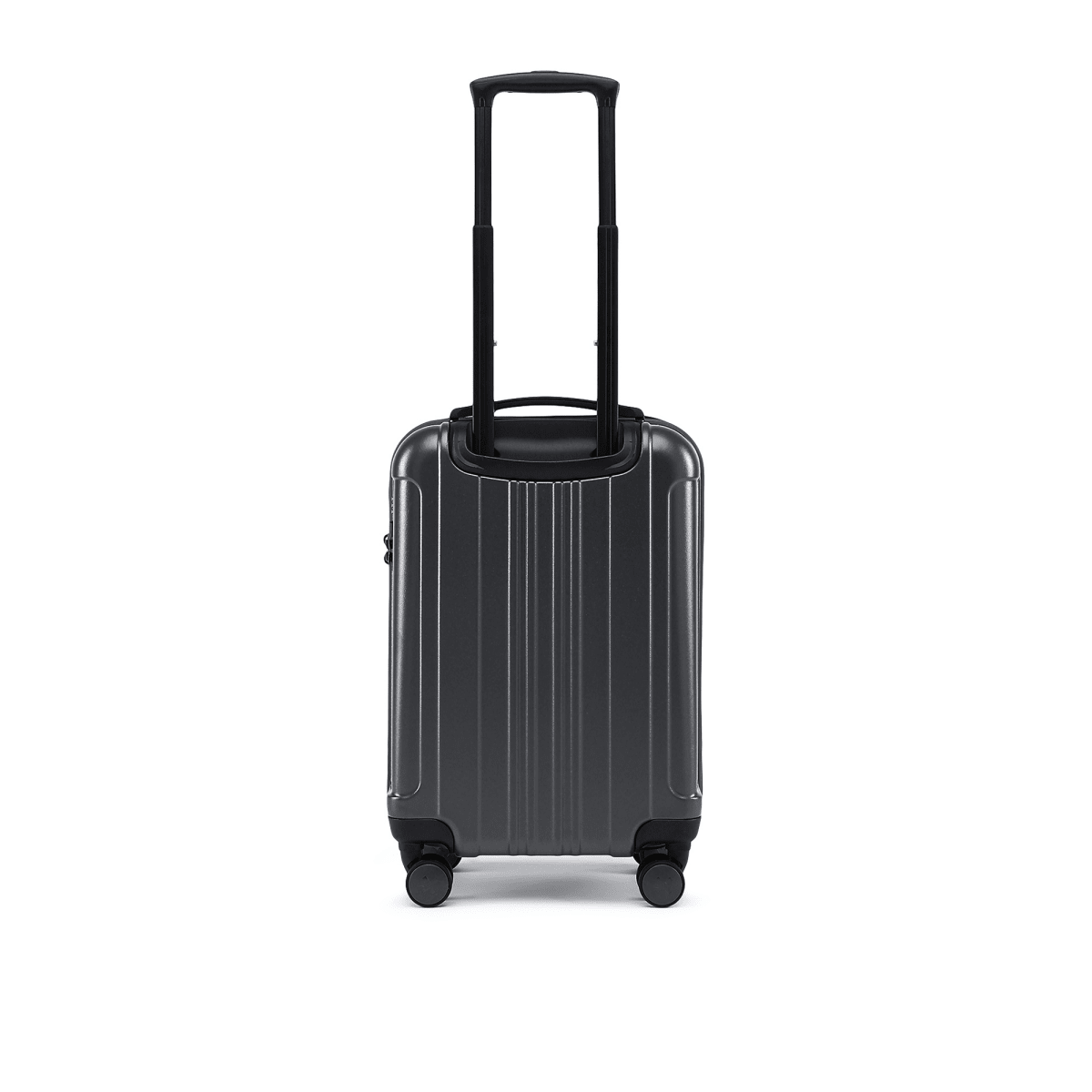 Dark grey small cabin suitcase front view with telescopic handle and four caster wheels
