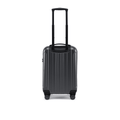 Dark grey small cabin suitcase front view with telescopic handle and four caster wheels