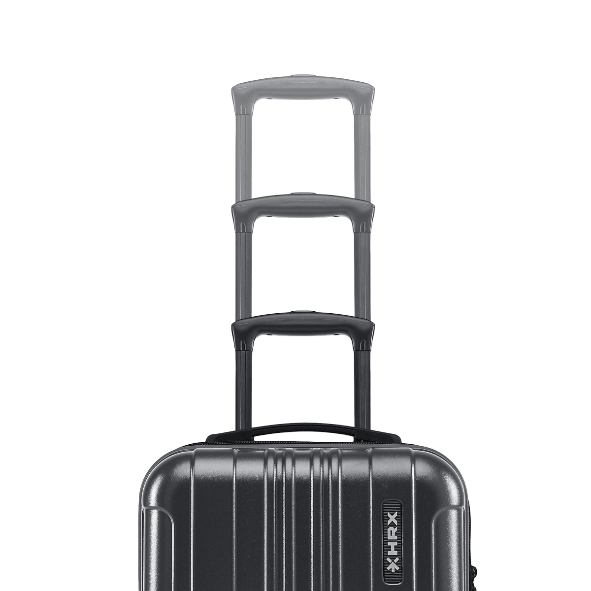 Small hard-shell cabin suitcase with telescopic handles and rolling wheels, side view