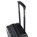 Small cabin suitcase with black shell and side zipper, angled view of trolley handle.