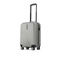 Silver cabin suitcase side view with ribbed shell and corner spinner wheels