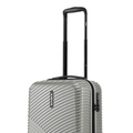 Silver cabin suitcase top and front close-up with black handle and side latch