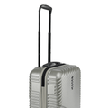 Silver small cabin suitcase with upright handle and ribbed front panel