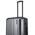 Metallic grey check-in suitcase close-up of telescopic handle on ribbed shell.