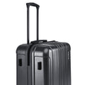 Black check-in suitcase front close-up with telescopic handle and side ribbing.