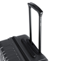 Charcoal grey suitcase corner detail with telescopic handle and textured shell