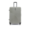 Large check-in suitcase with side handle and 8 wheels, metallic silver-gray.