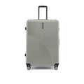 Hard-sided luggage suitcase, silver-gray ribbed shell, curved front arch, telescoping handle